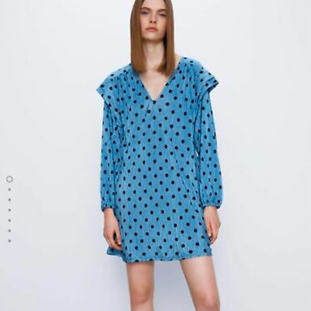 Zara Mini Blue Polka Dot Shoulder Pad Dress Medium